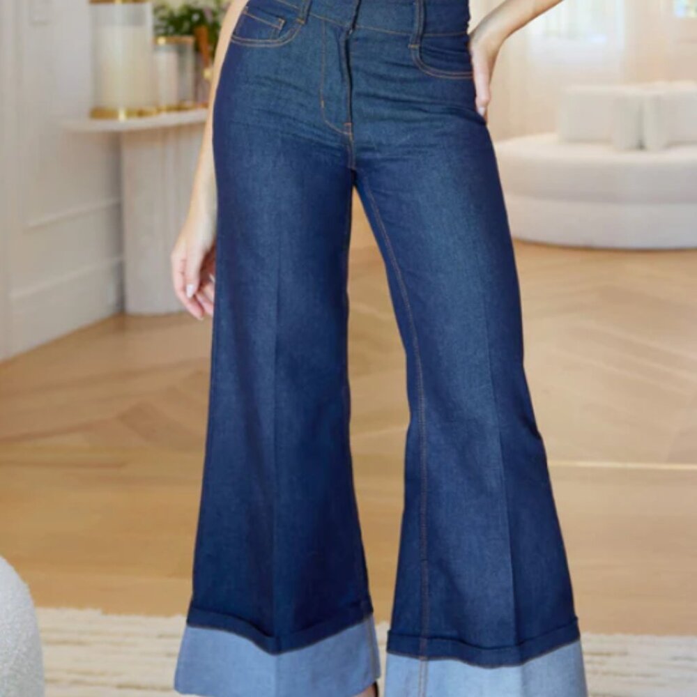Generation Love Blue Flare Wide Leg Jeans with High Waist and Color Block Hem